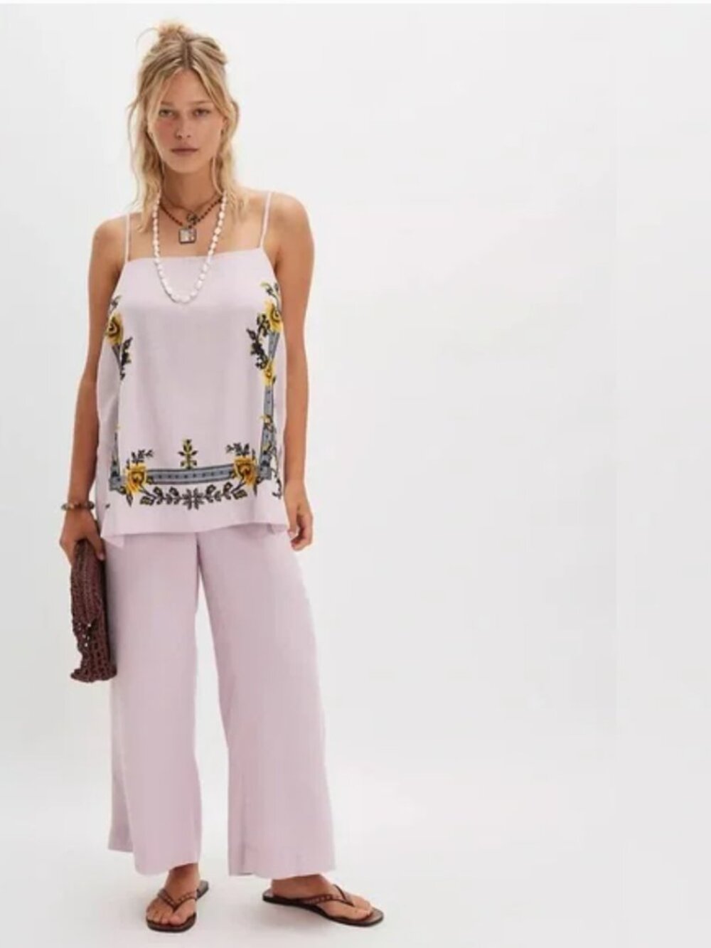 FREE PEOPLE Sightseer Embroidered Linen Set in Lilac Combo NWT $148